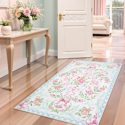 Collive 3x5 Nursery Rug, Boho Pink and Blue Floral Area Rugs Machine Washable, Soft Ultra-Thin Bow Carpet Non Slip for Girls Room Bedroom Entryway Playroom Living Room