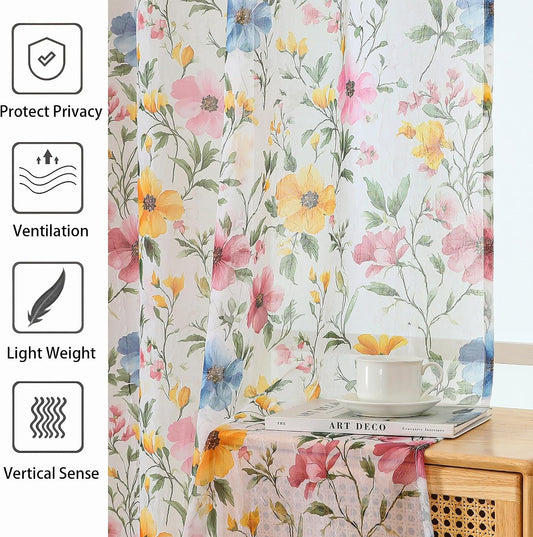 OWENIE Floral Sheer Valances for Windows - Pink Printed Short Sheer Curtains for Kitchen Cafe Bedroom Living Room Small Window, Farmhouse Vintage Rod Pocket Spring Window Decor, 2PCS Each 42" Wx14 L