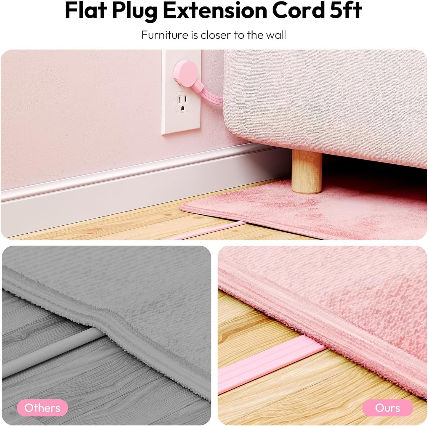 NTONPOWER Pink Extension Cord 5ft, Cute Power Strip with 3 AC Outlets & 2 USB C & 2 USB A, Flat Extension Cord, Wall Mount, Flat Plug Power Strip for Home, Dorm, Vanity Desk, Women Essential