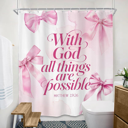 SVBright Pink Bow Bible Verse Shower Curtain 60Wx72L Inch Coquette Bowknot Cute Girly Inspirational Scripture Quotes Modern Artistic 12 Pack Hooks Polyester Waterproof Fabric Bathroom Bathtub Panels