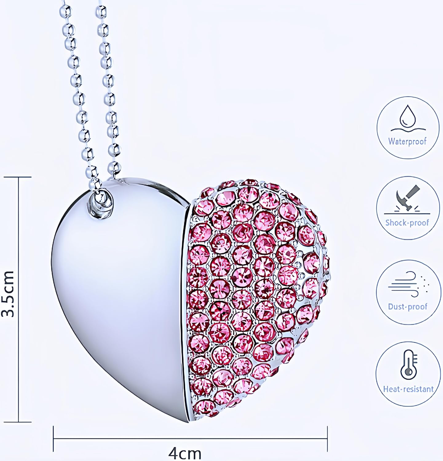 64GB USB 3.0 Flash Drive Diamond Heart with Necklace Memory Stick High Speed Data Storage Pink