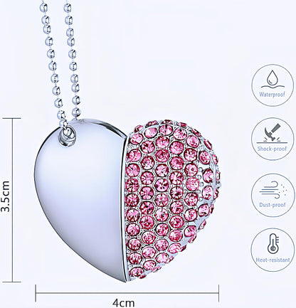 64GB USB 3.0 Flash Drive Diamond Heart with Necklace Memory Stick High Speed Data Storage Pink