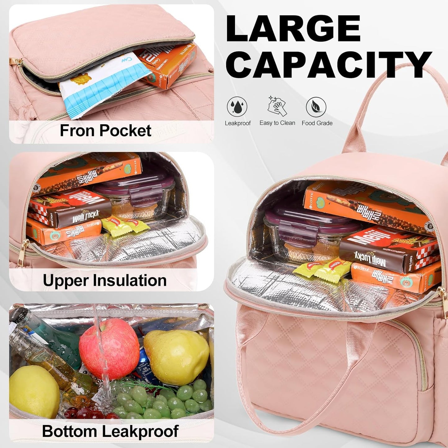 AIJIEKE Large Insulated Lunch Bag for Women, Double Compartment Leakproof Lunch Box for Work Office, Reusable Cooler Tote with Adjustable Strap & Side Pockets for Adults Picnic Beach, Pink