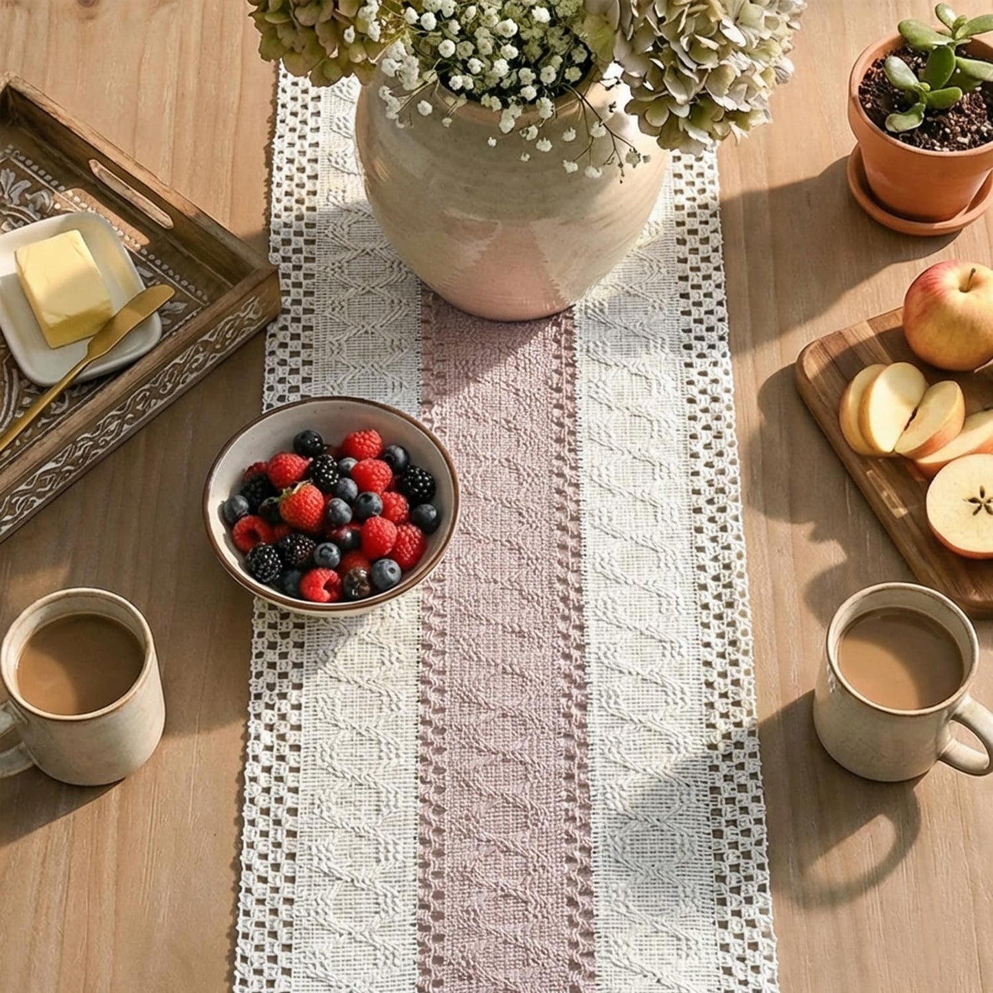 Artoid Mode Pink Farmhouse Rustic Table Runner, Seasonal Holiday Hollow Kitchen Dining Table Decoration for Home Party Decor 12x72 Inch