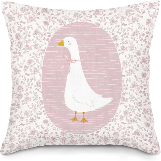 Preppy Pink Goose Throw Pillow Covers, Coquette Gooses Pillow Case Cover for Bed Sofa, Goose Nursery Decor, Pink Bow Floral Gooses Cushion Cover Case for Girls Room Bedroom, 18x18 Inch