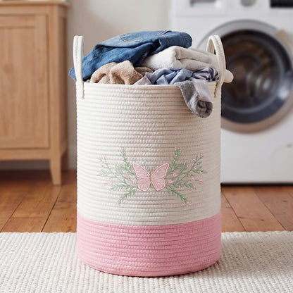 Honeydak Pink Butterfly Laundry Basket Hamper Coquette Laundry Basket Embroidered Cotton Rope Hamper 15 x 17.7 Inches Toy Box Large Coquette Decor Teen Girl Room Storage for Cloth Organization