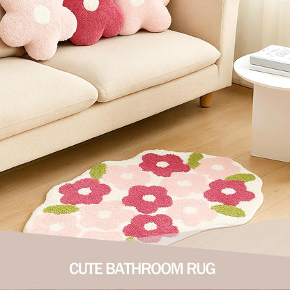 Pink Flowers Bathroom Rug, Soft Tufted Plush Washable Non-Slip Pretty Floral Bath Mat, Bedroom Kitchen Floor Door Mat for Home