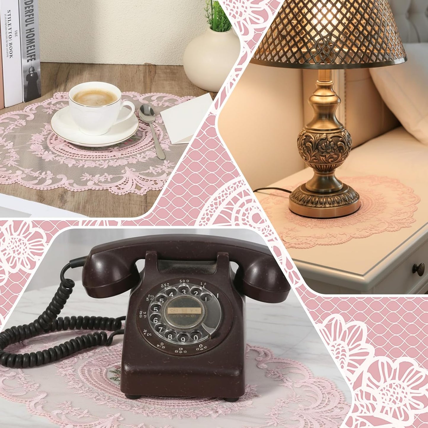 2Pcs Pink Retro Lace Placemats, 12'' x 16'' French Lace Doilies for Tables Oval Embroidered Table Place Mats Farmhouse Coasters Cup Mat for Wedding Home Table Decor (Pink)