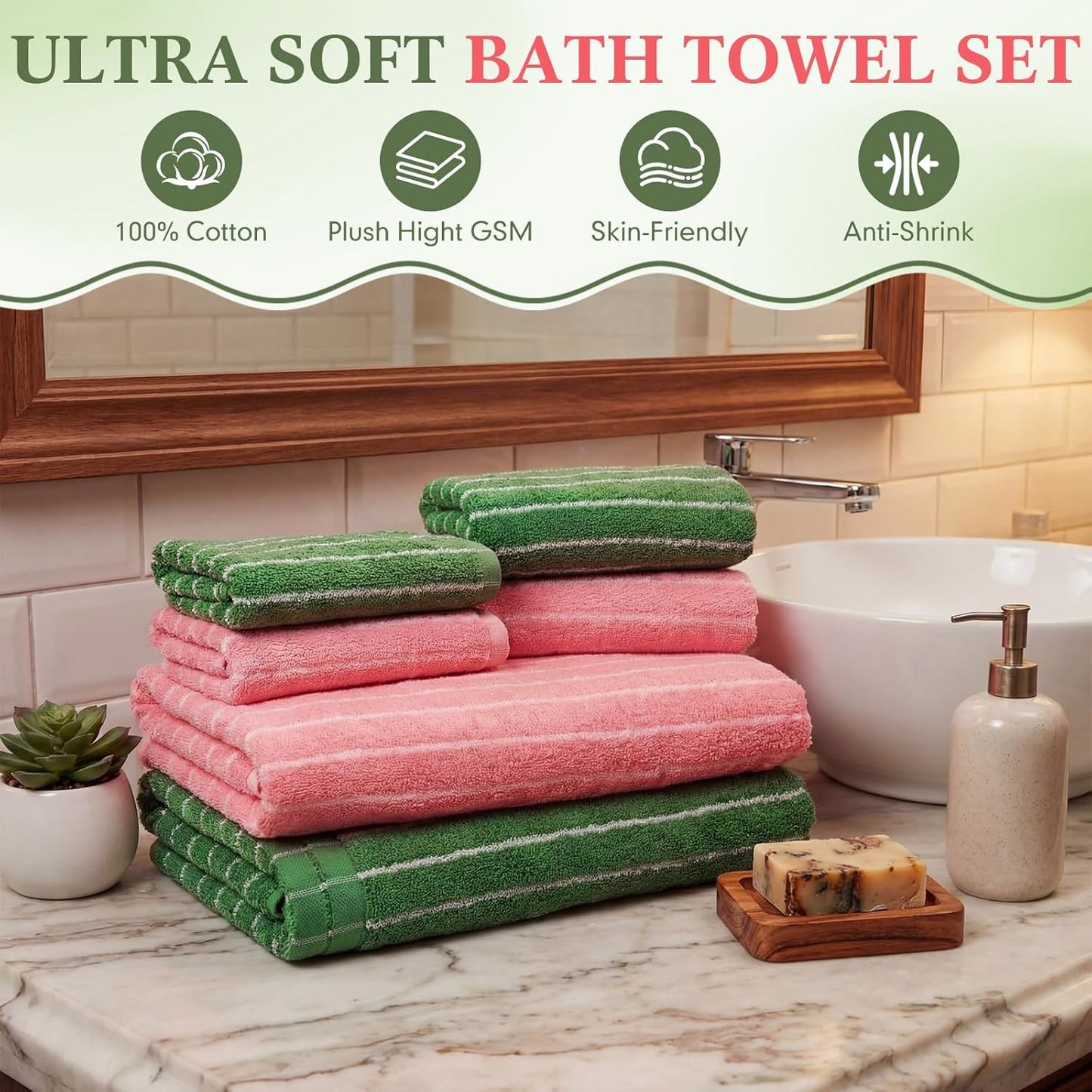 6 Pcs Large Bath Towels Set 28x55 Inch Soft Cotton Towels for Bathroom Pink Green Striped Towel Set Highly Absorbent & Quick Dry Towel for Spa Gym | 2 Bath, 2 Hand, 2 Washcloth(Pink Green)