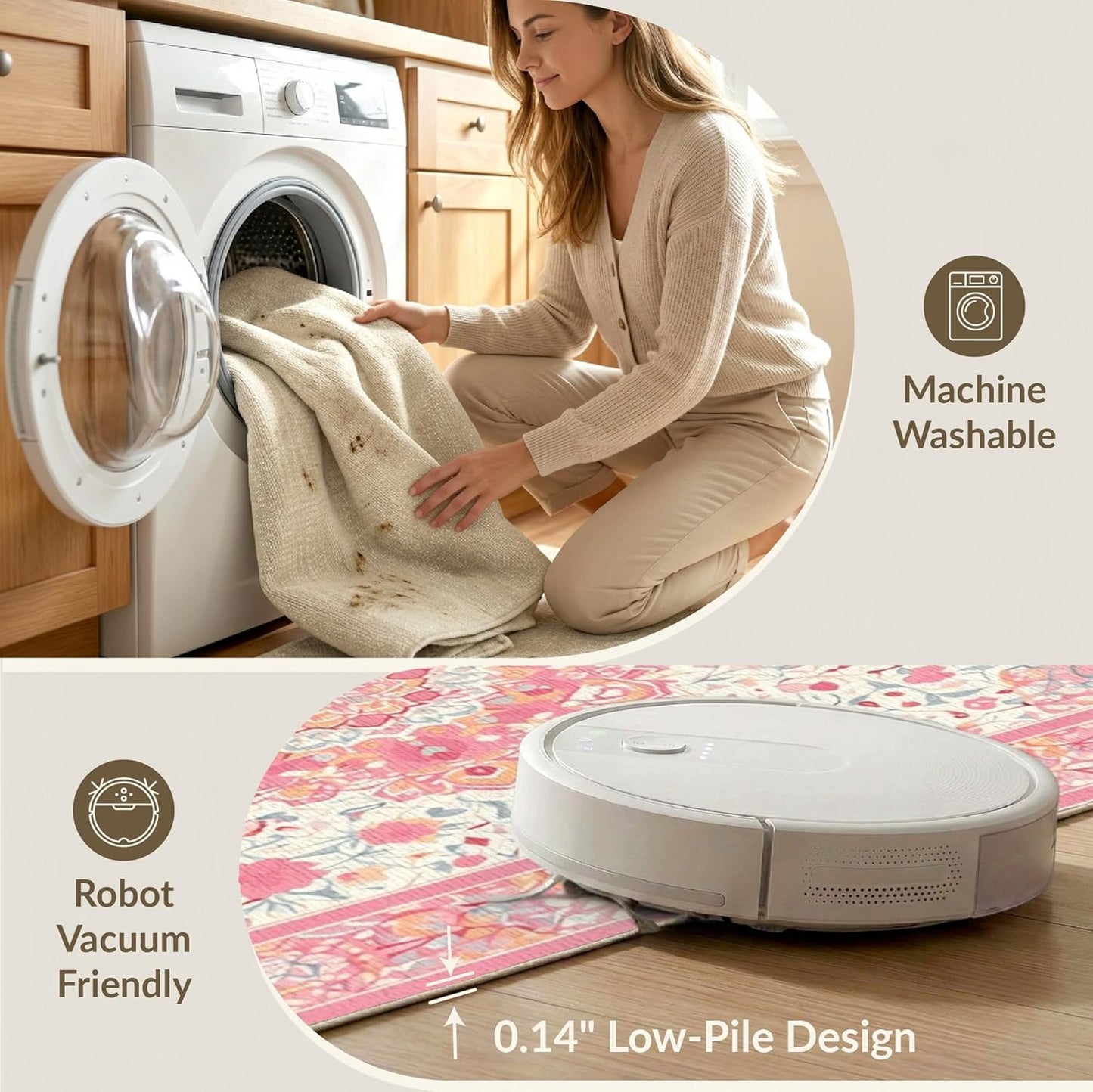 4'x6' Washable Flatwoven Rug, Peach Traditional Floral Easy Care Throw Carpet for Dorm Room, Small Living Room, Apartment, Stain Resistant Low Profile Floor Covering | Ref:2138144