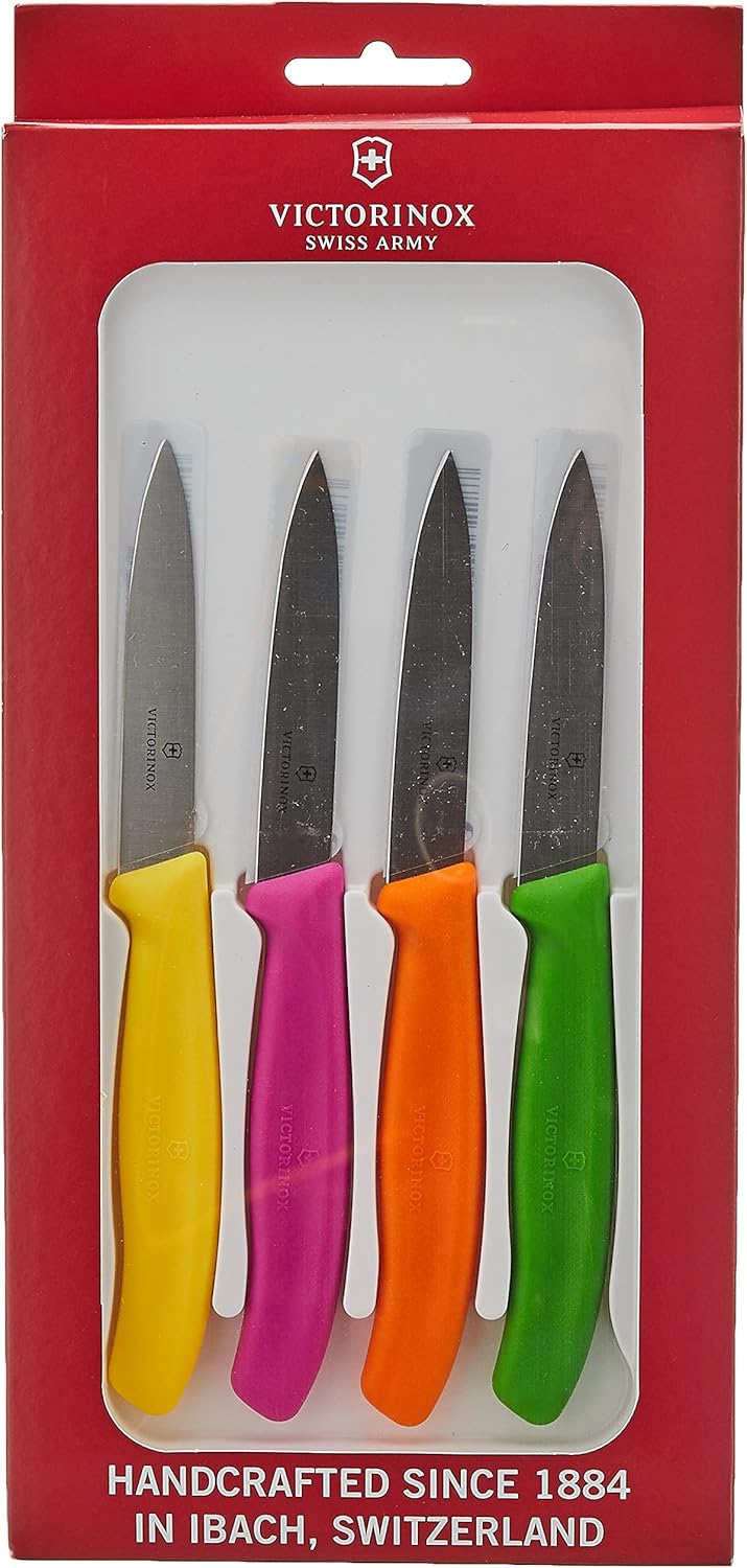 Victorinox 1 4-Piece Set of 3.25 Inch Swiss Classic Paring Knives with Straight Edge, Spear Point, 3.25", Pink/Green/Yellow/Orange