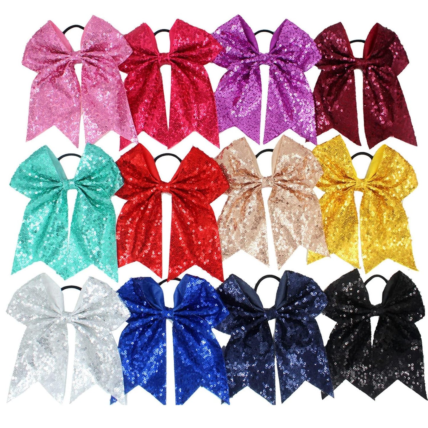 6.5 Inches Sequins Hair Bows Elastic Hair Tie Ribbon Large Cheer Bow Ponytail Holder Hair Band for Women Girls Kids Teens (Pink)