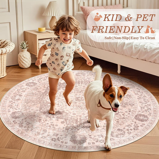 nesrt 5ft Washable Round Area Rug for Living Room Bedroom, Soft Non-Slip Round Kids Floor Mat, Vintage Ultra Thin Decorative Circle Carpet for Dining Room, Nursery, Boho Home Decor (Pink)