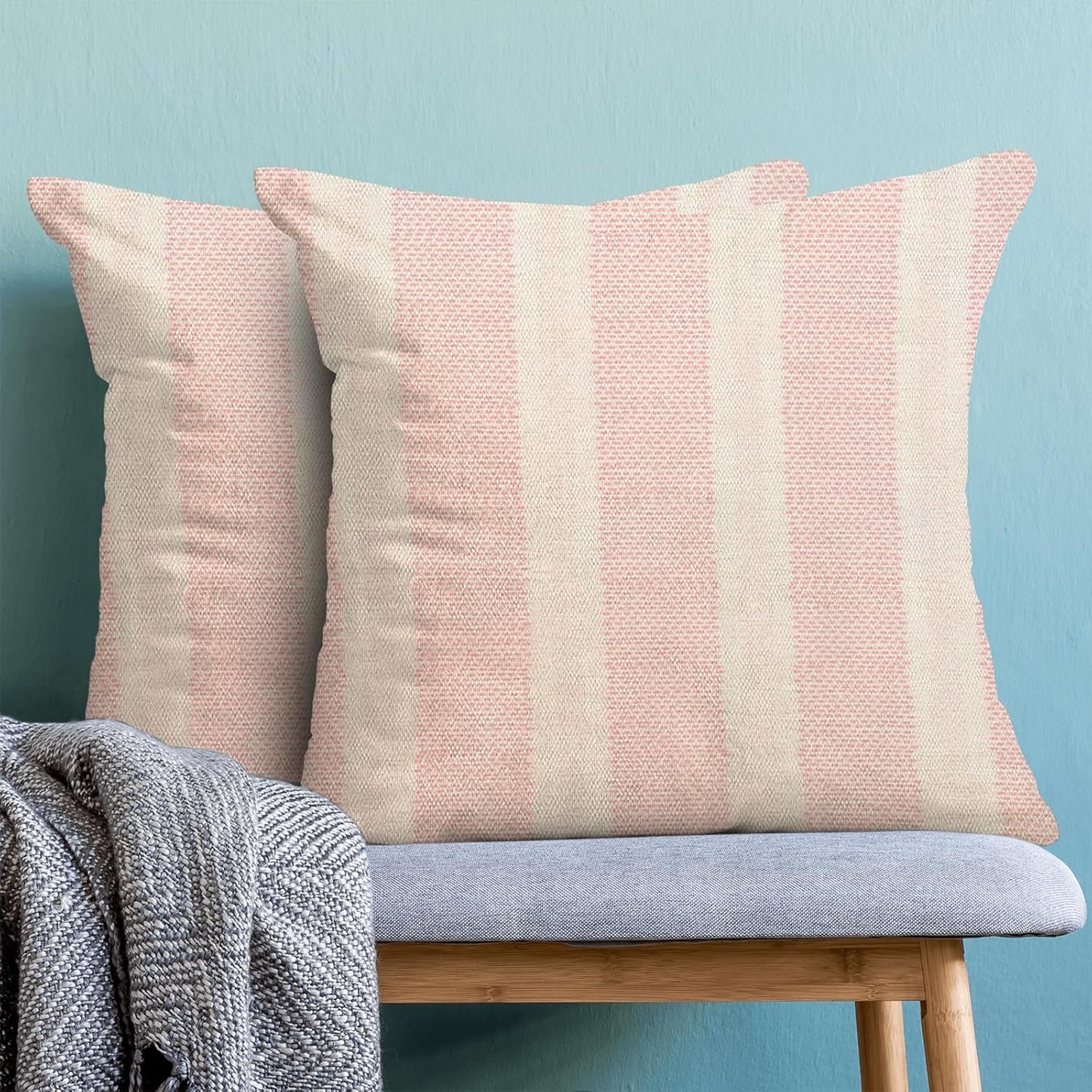 Boho Pillow Covers 18x18 Set of 2 Pink Stripes Throw Pillow Covers Outdoor Decoration Bohemian Style Modern Abstract Decorative Pillowcase Farmhouse Linen Cushion Cover for Home Couch Sofa