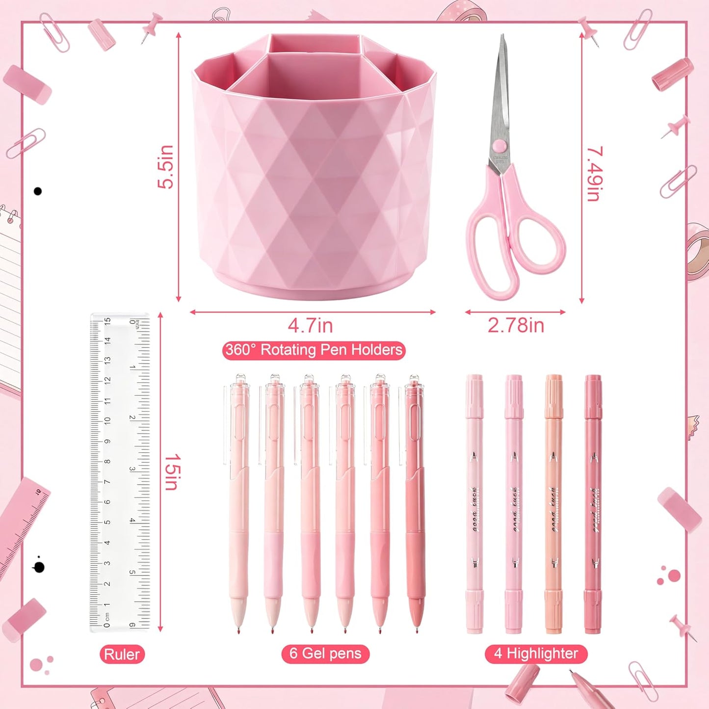 Eersida 20 Pcs Pink Desk Accessories, Desk Organizer with 360° Rotating Pen Holder, Stapler, Staple Remover, Tape Dispenser, Binder Paper Clips Kit, Scissor, Highlighters, Pens, School Office Supplies
