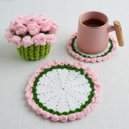 Handmade Crochet Lily Coaster Pink Foldable Flower Design with Pot Transforms from Drink Protection to Decorative Display for Kitchen Table Home Office Gift