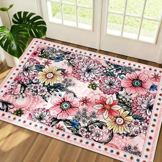 Yinhua Door Mat Indoor Entrance 2x3 Washable Boho Floral Rug for Entryway, Pink Small Area Rug Non Slip Entryway Rugs Low Pile Throw Rugs for Kitchen, Laundry, Entry, Kids Room, Pink