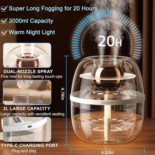 JINGYAN 3L Ultrasonic Cool Mist Humidifier for Bedroom- Transparent Tank, Easy to Clean, Dual Spray for 20H Quiet Mist Time, Night Light, Auto Shut-Off for Living Room, Office, Plant Care (Pink)