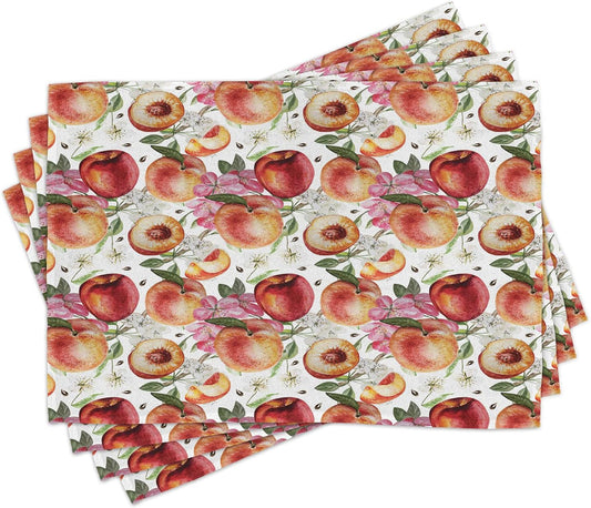 Ambesonne Peach Place Mats Set of 4, Exotic Lively Summer Yard Theme with Ripe Juicy Fruits Flowers Botany and Gardening, Washable Fabric Placemats for Dining Room Kitchen Table Decor, Pink Orange