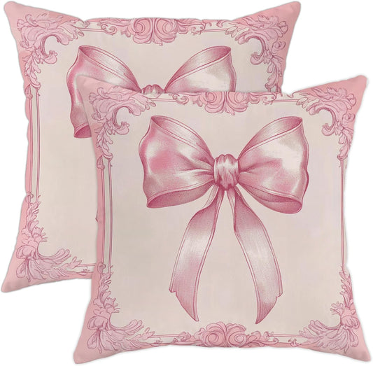 Elegant Peach Bow Pillow Covers Set of 2, Vintage Chic Decorative Throw Cushions, Soft Pastel Spring Home Decor for Sofa Bed Couch 16x16 Inch