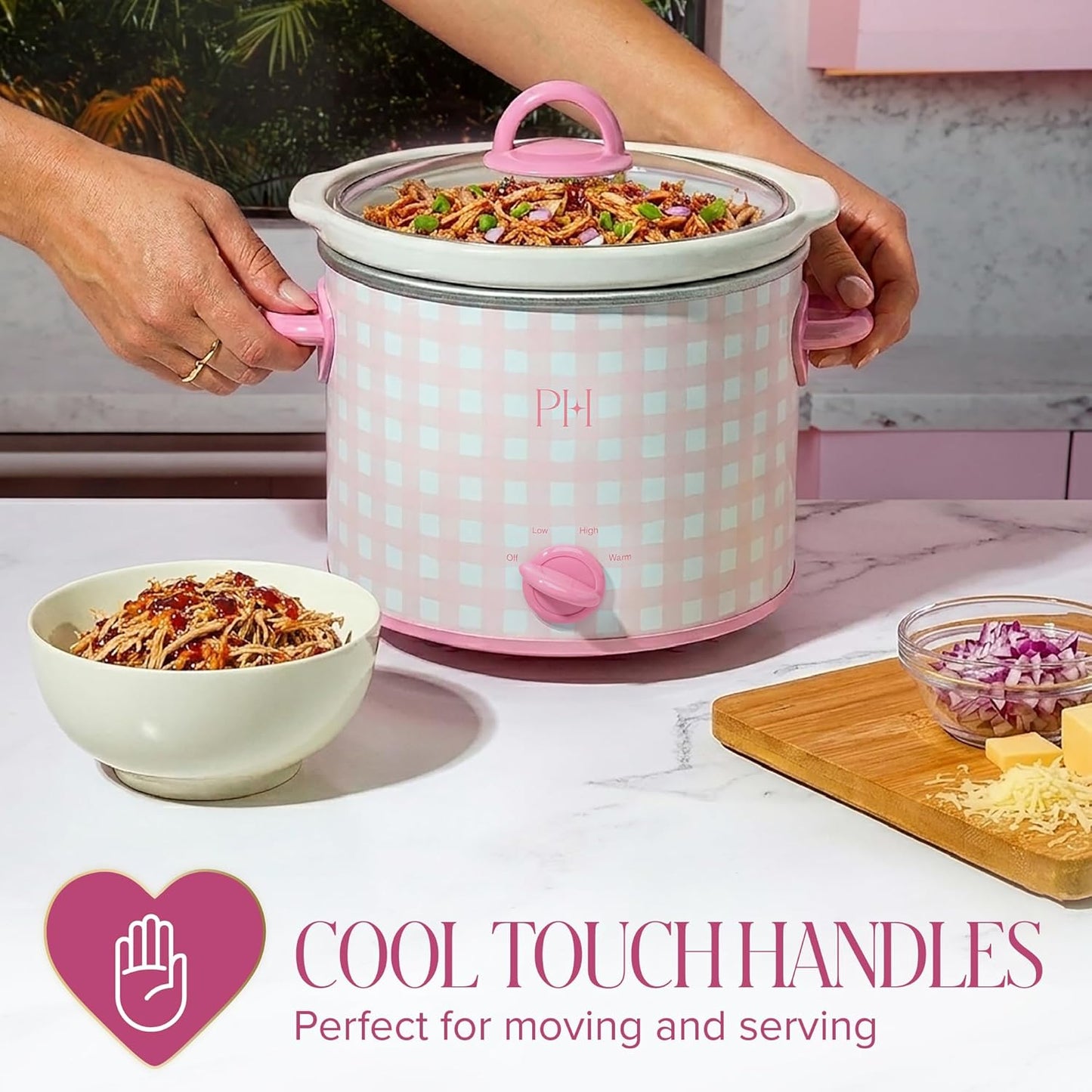 Paris Hilton 3.5-Quart Manual Slow Cooker, Features Three Settings (Low, High, Warm), Naturally Nonstick and Dishwasher Safe Stoneware Insert, Family Sized Capacity, Gingham Pink