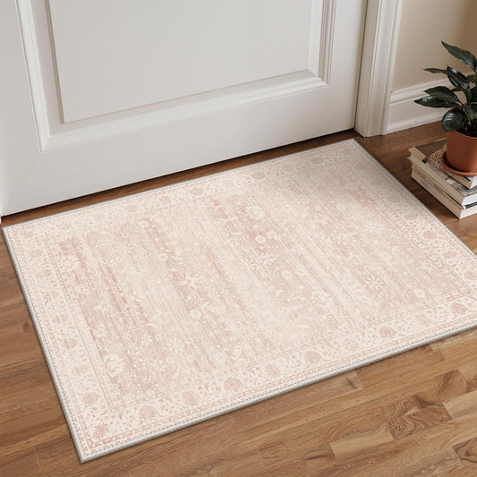 BESBLEE Area Rug 2x3 Doormat, Machine Washable Low Pile Vintage Rugs, Small Lightweight Rug Entryway Indoor Mat for Entrance, Hallway, Kitchen and Corridor, Pink