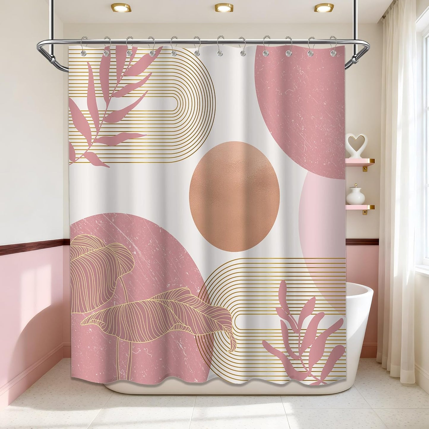 Blush Pink Shower Curtain Light Pink and White Shower Curtains for Bathroom Decor Abstract MCM Bath Curtain Set, Waterproof Fabric with Hooks 70 x 72 Inch