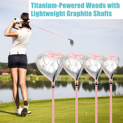 PGM 18 Piece Women's Golf Clubs Full Set for Right Handed, Complete Golf Set for Beginner to Intermediate Golfers with Driver, Woods, Hybrid, Irons, P/S Wedges, Putter, Headcovers and Stand Bag