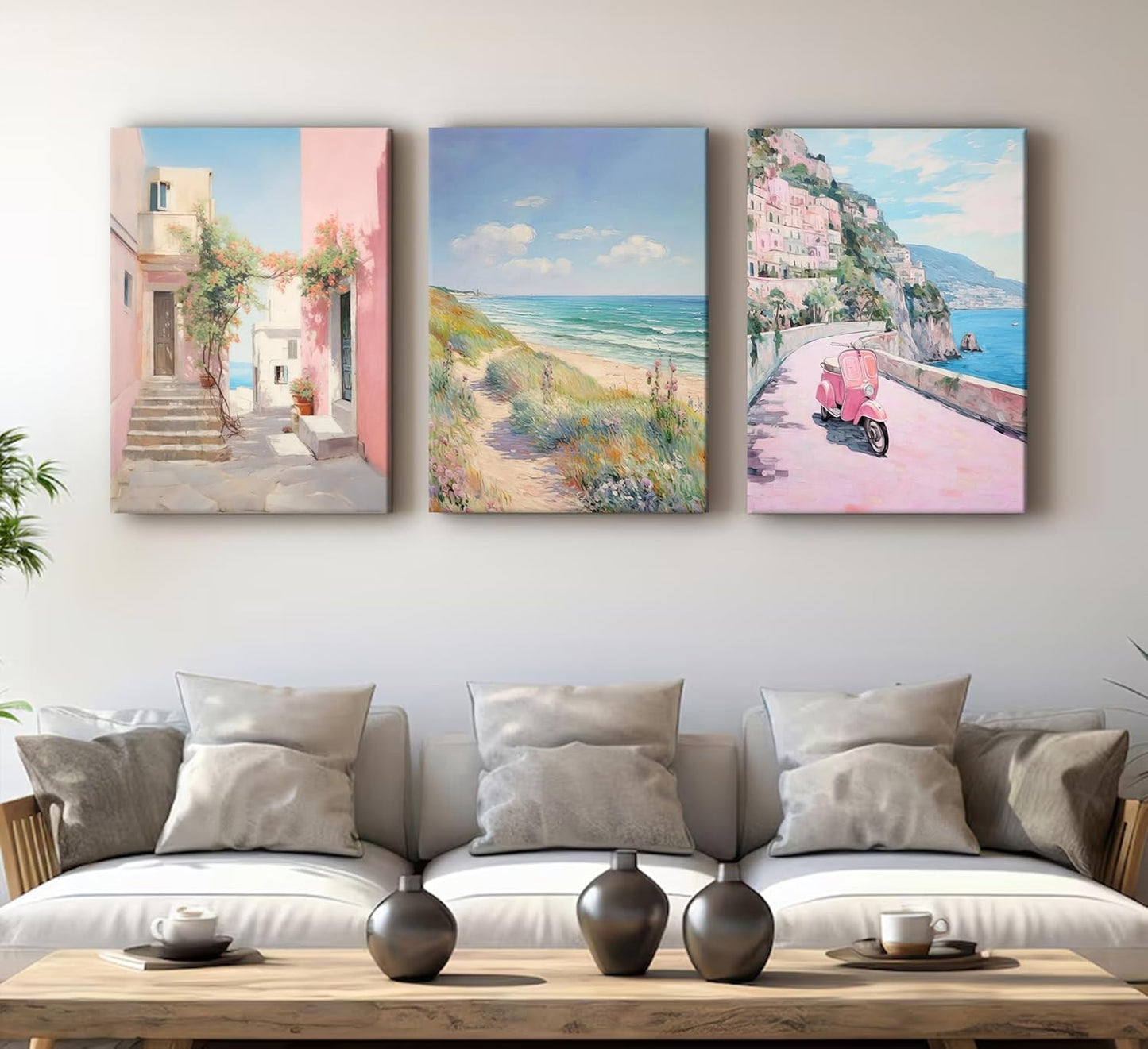 3Pcs Amalfi Coast Pastel Canvas Wall Art Trendy Pink Beach Preppy Painting Picture Wall Decor Aesthetic Italian Beachy Landscape Poster Print Artwork for Teen Girl Dorm Girls Room Home Decoration