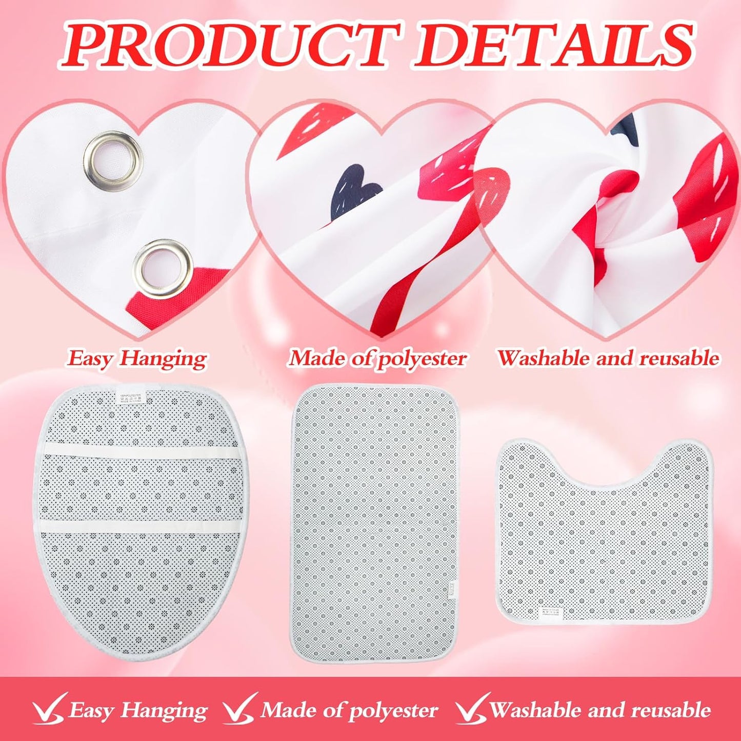 Gilprop 6 Pcs Valentine's Day Shower Curtain Set Valentines Bathroom Decor with Toilet Lid Cover, U-shaped Mat, Bath Mat, 2 Towels, Red and Pink Valentines Shower Curtains with 12 Hooks for Home Decor