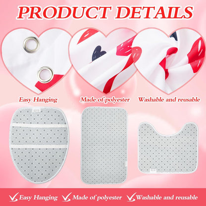Gilprop 6 Pcs Valentine's Day Shower Curtain Set Valentines Bathroom Decor with Toilet Lid Cover, U-shaped Mat, Bath Mat, 2 Towels, Red and Pink Valentines Shower Curtains with 12 Hooks for Home Decor