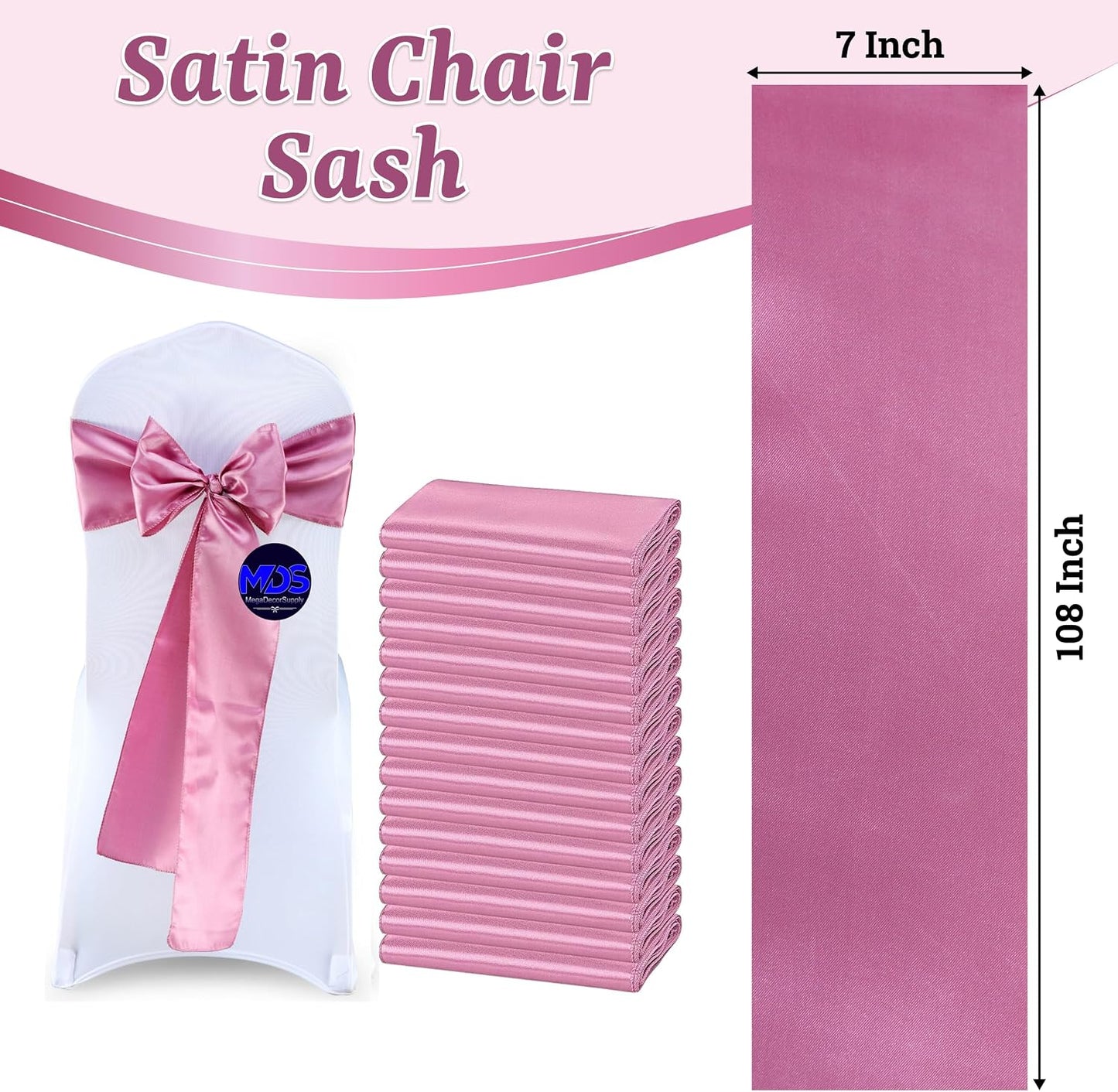 MDS® Pack of 25 Satin Chair Sashes for Weddings and Events Decor, Reusable Chair Bows for Banquet Chairs, Reception, Bridal Shower, Baby Shower, Birthday Party & Holiday Celebrations - Dusty Pink