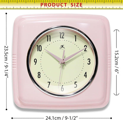 Infinity Instruments Square Silent Retro 9 inch Mid Century Modern Kitchen Diner Retro Wall Clock Quartz Sweep Movement (Pink)