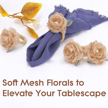 Handcraft Flower Napkin Rings Set of 6– Blush Beige Camellia Tulle Napkin Holders for Dining Table Decor, Weddings, Parties, Birthday & Thanksgiving
