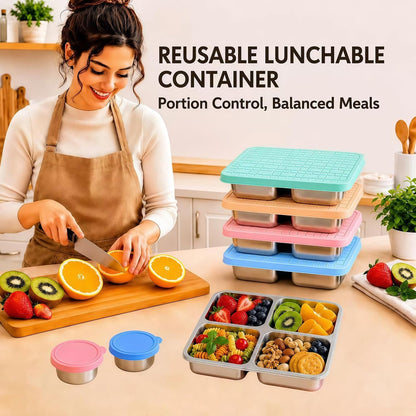 Snack Containers With Lids,4 Compartment Snack Containers,Reusable Stainless Steel Lunch Container,Comes with a Leak-Proof Silicone Lid ,for Travel,Camping,Work (Blue,Pink, Apricot,Light green)