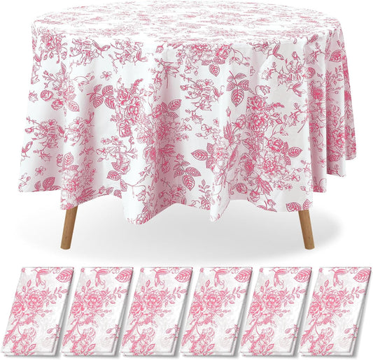 Ganeen 6 Pcs Pink Floral Plastic Tablecloth 84 Inch Round Vintage Floral Tablecloth Disposable Round Flower Waterproof Table Covers for Birthday Wedding Baby Shower Picnic Dinner Party Decoration