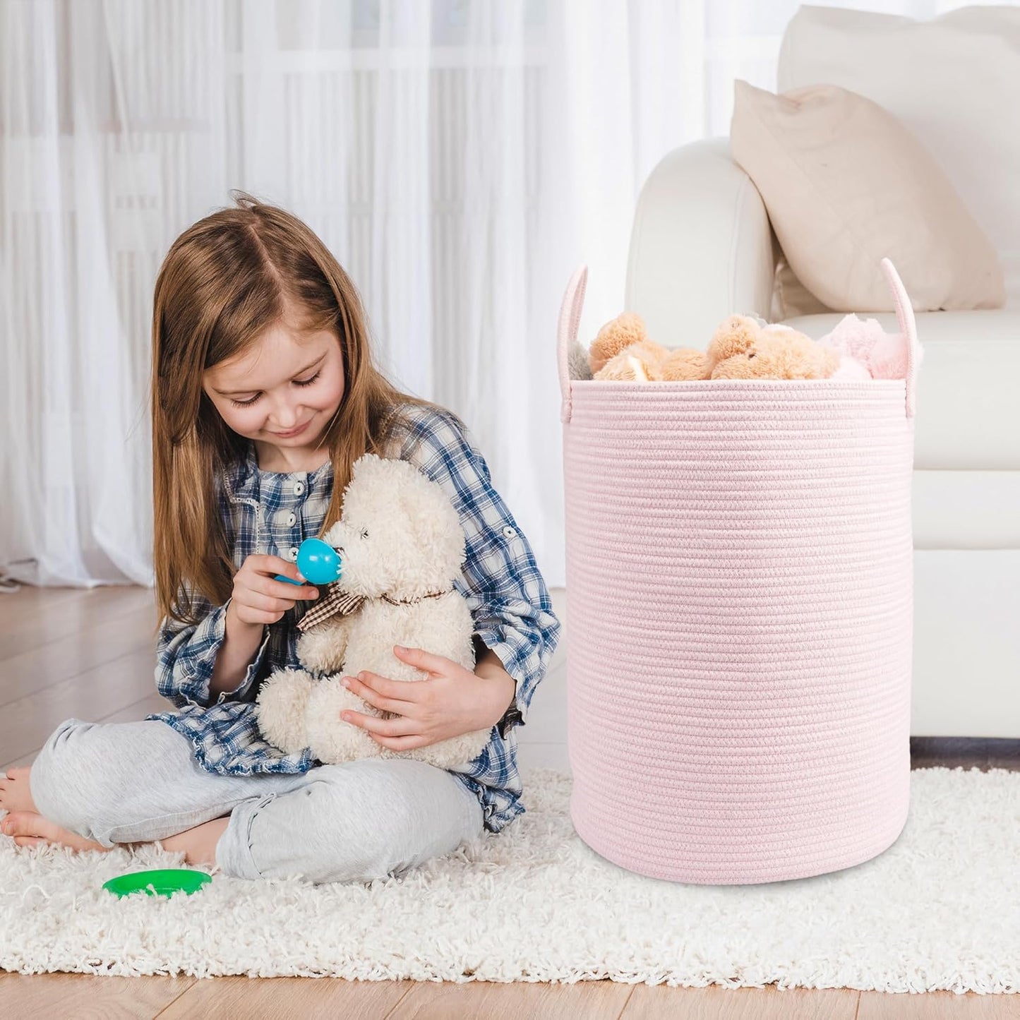 Woven Cotton Rope Laundry basket-15”X20” Laundry Hamper-Rope Storage Basket for Dirty Clothes, Toys and Blankets Perfect for Bathroom, Baby nursery and Living Room Storage (pink)