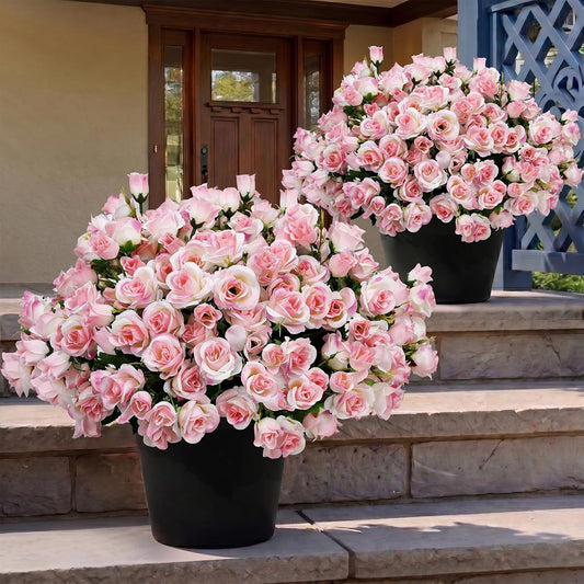 Artificial Potted Flowers for Outdoors, Set of 2 Pre-Made Faux Silk Roses in Pots Realistic UV Resistant Potted Plants for Front Doors Porches Patios Paths Home Decor - Pink