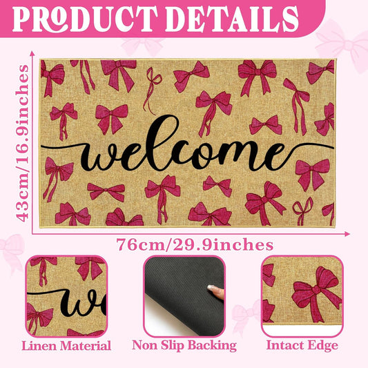 Pink Bow Doormat Bowknot Welcome Door Mat Entrance Indoor Outdoor Entryway Rug Front Back Door Floor Mat Inside Outside Non-Slip Doormat Modern Washable Carpet for Hallway Doorway