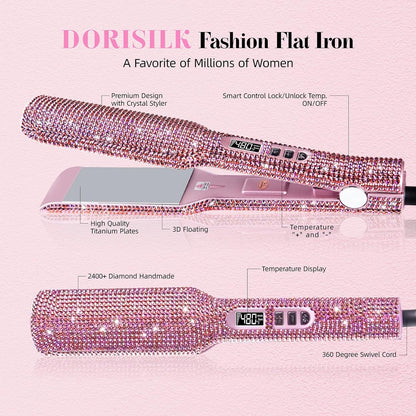 DORISILK Crystal Diamond Professional Hair Straightener, 2 Inch Titanium Flat Iron Bling Rhinestone Straightening Iron Curling 2 in 1, Salon High Heat 480 °F, Instant Heat Up, Dual Voltage, Rose Pink