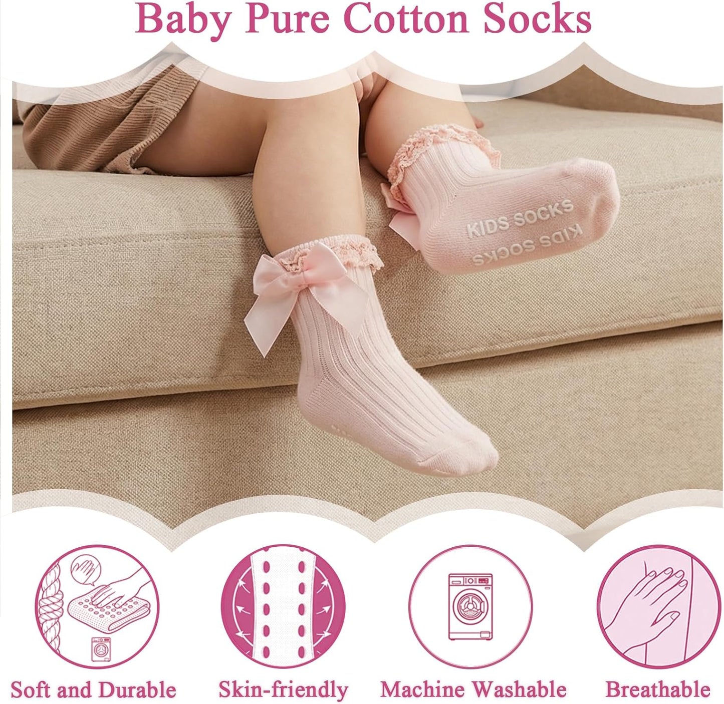 6 Pairs Baby Girl Ruffle Socks with Bow Non Slip Grippy Cotton Frilly Crew Fancy Dress Socks Newborn Infant Toddler
