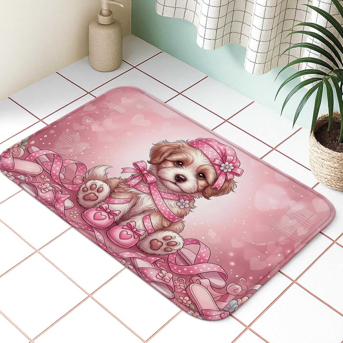 Cute Peach Hearts Quick Dry Bath Mat, Playful Animal Design Absorbent Non Slip Shower Mat, Decorative Washable Bath Rugs for Bathroom Toilet Restroom 20x32 Inch