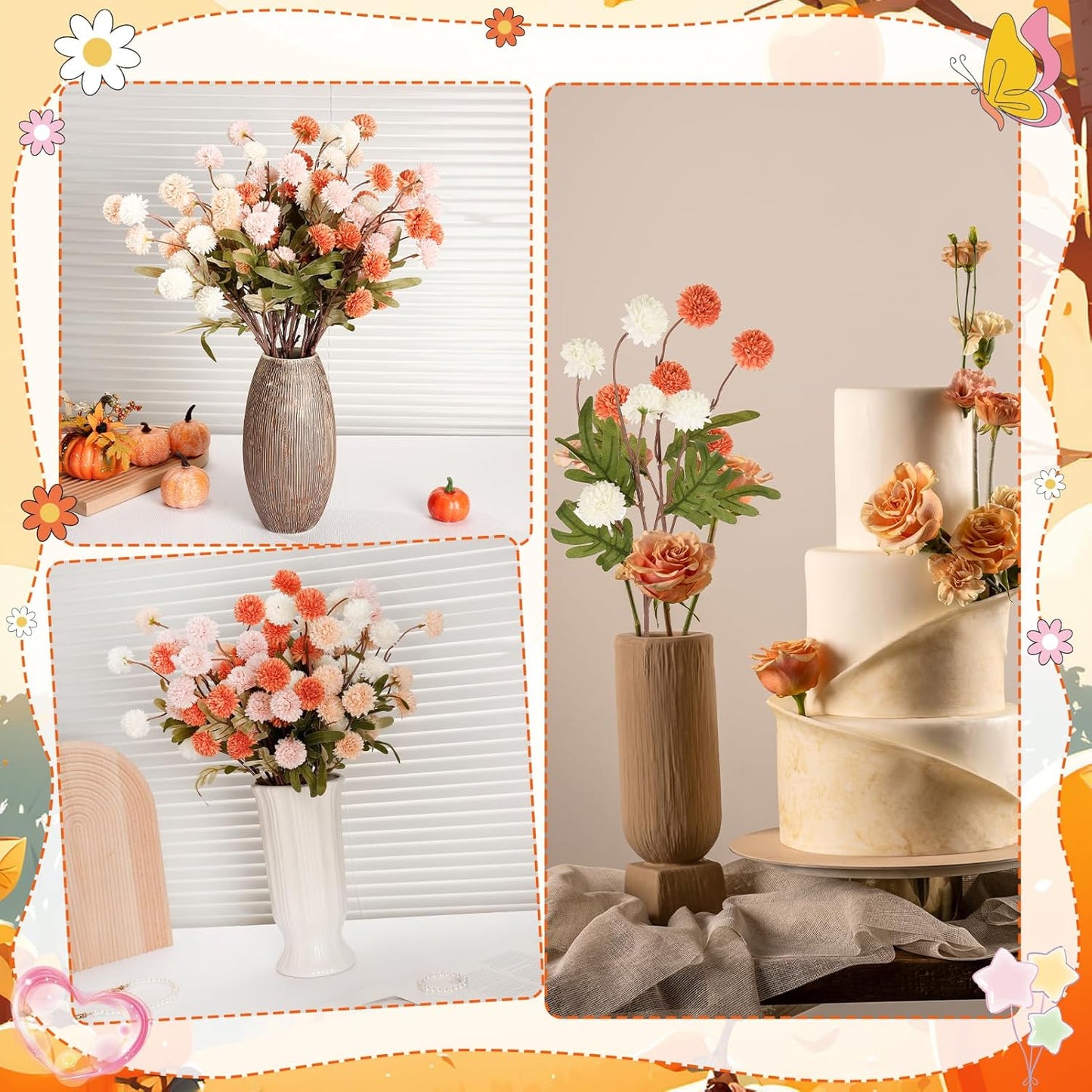 Artificial Flowers Fall Decor - 16 Bundles Faux Silk Mums UV Resistant Chrysanthemums Bouquet Kiku Flowers (16, White+Pink+Orange)