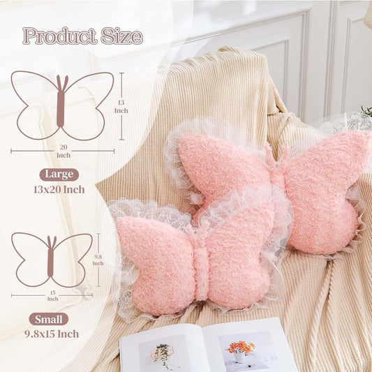XVTRU Butterfly Pillow Pink Decorative Pillows 15" Butterfly Shaped Cute Throw Pillows with Lace Aesthetic Bow Plush Cushion for Room Decor Bed Sofa Couch