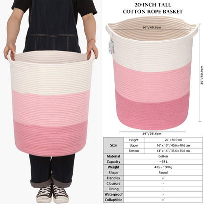 Sea Team Large Size Cotton Rope Woven Storage Basket with Handles, Laundry Hamper, Fabric Bucket, Drum, Clothes Toys Organizer for Kid's Room, 20 x 14 inches, Round Open Design, White & Pink