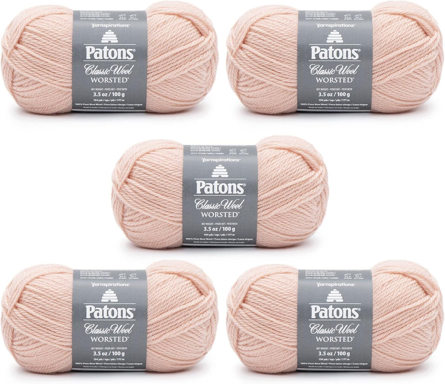 Patons Classic Wool Peach Blush Yarn - 5 Pack of 3.5oz/100g - Wool - 4 Medium - 210 Yards - Knitting/Crochet