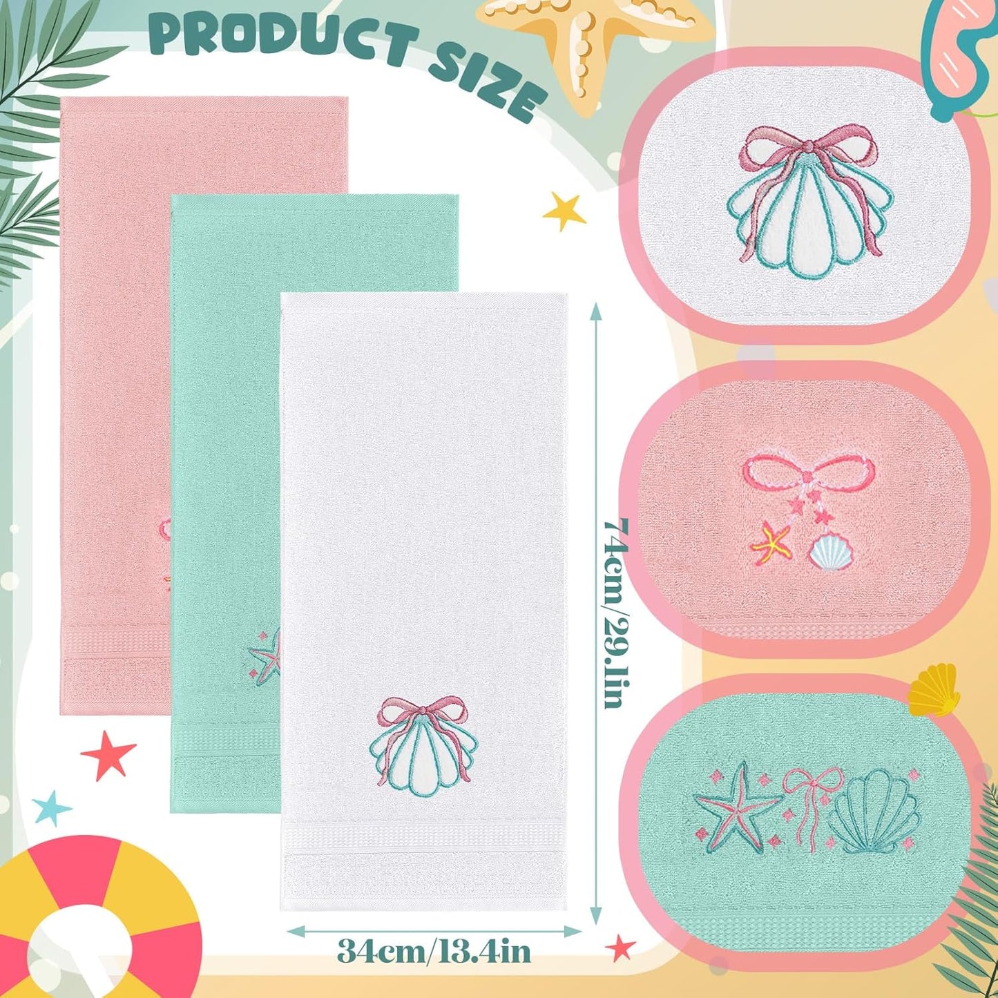 Hahafelt 3 Pack Seashell Bow Coastal Hand Towels for Bathroom 100% Cotton Embroidered Beach Bathroom Towels 13.78 x 29.53 Inch Soft Absorbent, Green Pink White