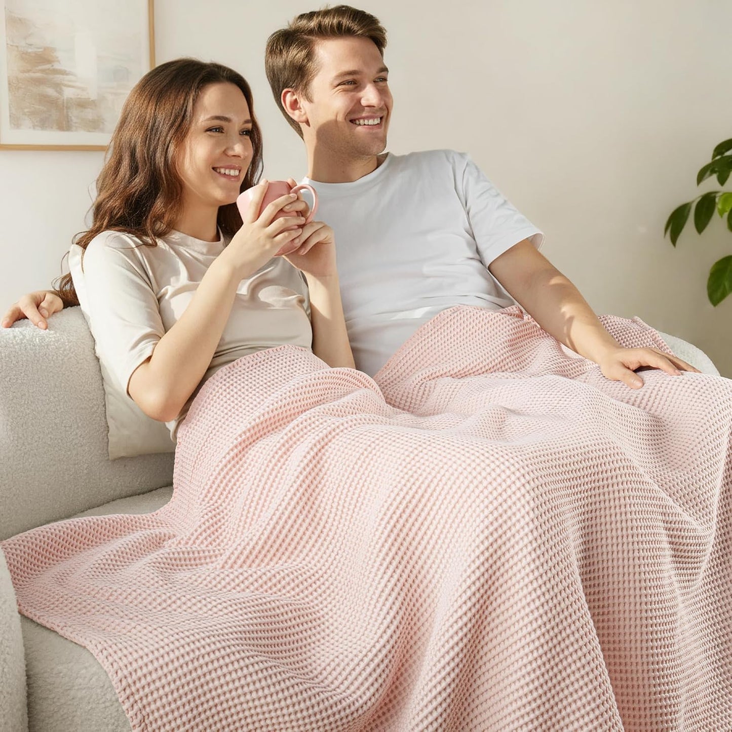 Exclusivo Mezcla 100% Cotton Waffle Throw Blanket for Couch, Sofa, Lightweight and Breathable Gauze Muslin Blanket for Summer, Moisture-Wicking, Home Decor, 50"x70", Pink