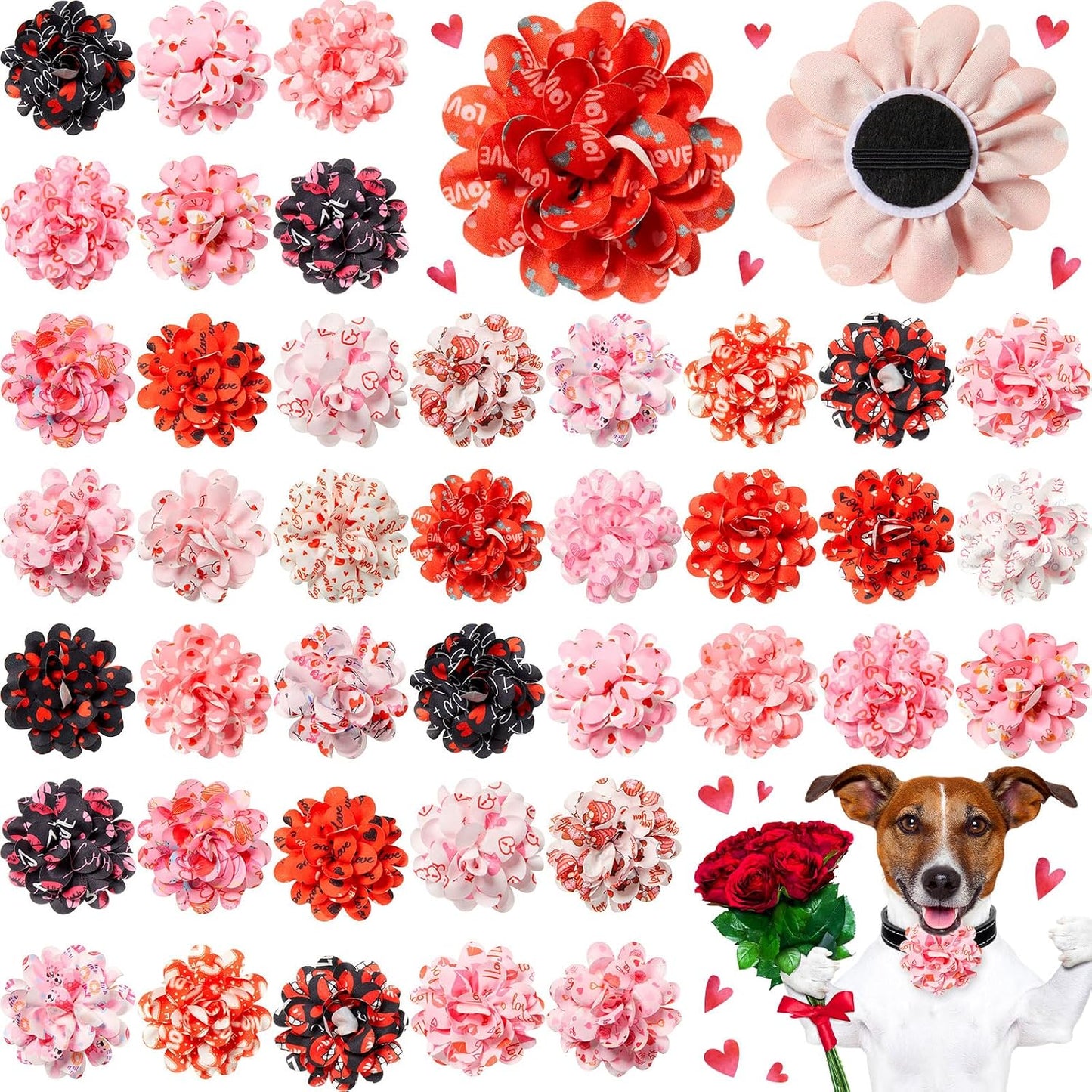 Lyrow 100 Pcs Mother's Day Dog Collar Flowers Bulk Pink Red Heart Bow Tie Dog Charms Grooming Accessories Bow Tie Flower for Puppy Cat Pets Collar Attachment Embellishment Sweet Party Costume