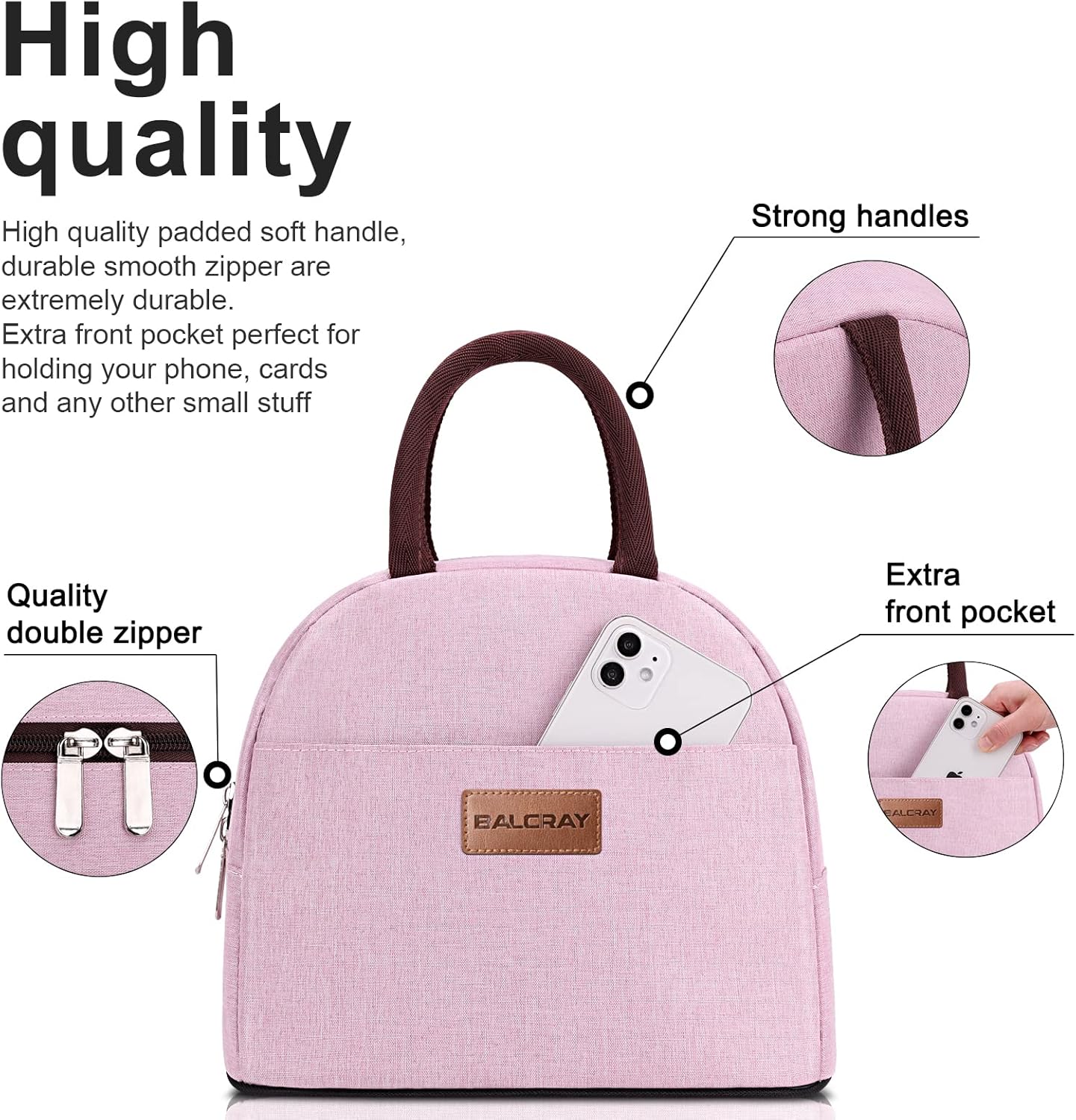 BALORAY Lunch Bag for Women Men Insulated Lunch Box for Adult Reusable Lunch Tote Bag for Work, Picnic or Travel (Pink)
